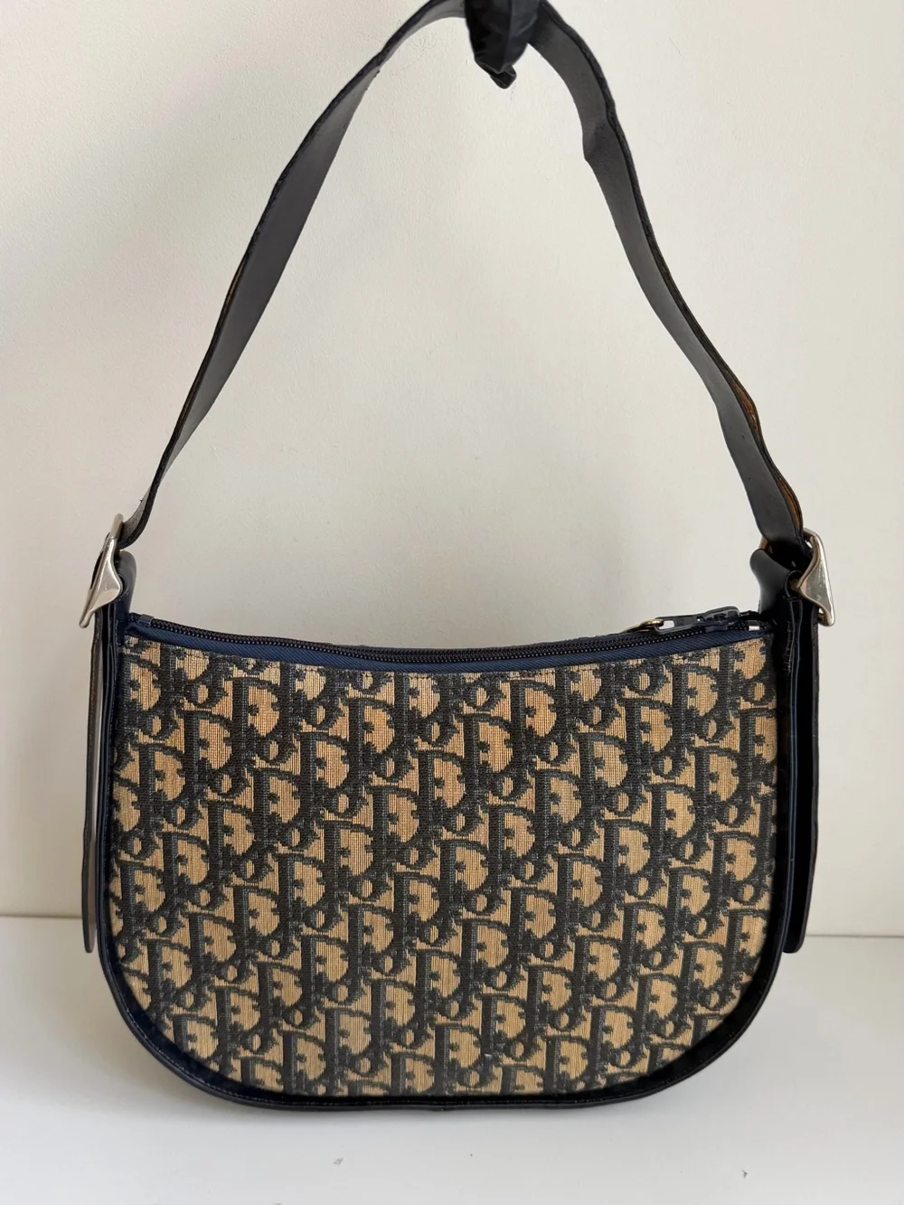 Authentic Christian DIOR Trotter Canvas Oblique Navy Leather Hobo Bag